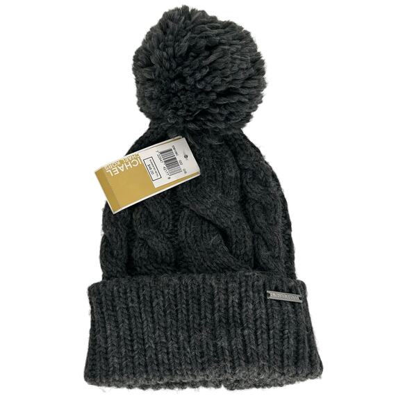 NWT Michael Kors Cable Kint Teddy Fleece Faux Fur Pom Pom Beanie Derby Grey NEW - Picture 1 of 6